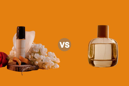 Perfume Oil and Spay Perfume bottles on a yellow background