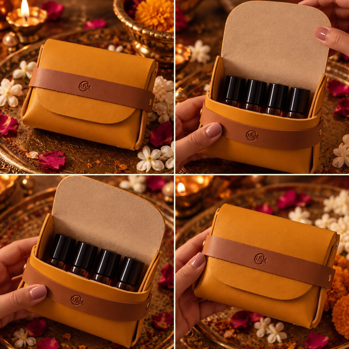 Four imaged of a yellow vegan leather small pouch with kaasida engraved on it, and 4 glass bottles in it