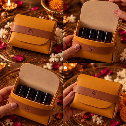 Four imaged of a yellow vegan leather small pouch with kaasida engraved on it, and 4 glass bottles in it