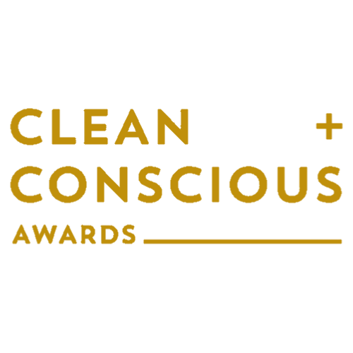 Gold 'Clean + Conscious Awards' text on a white background