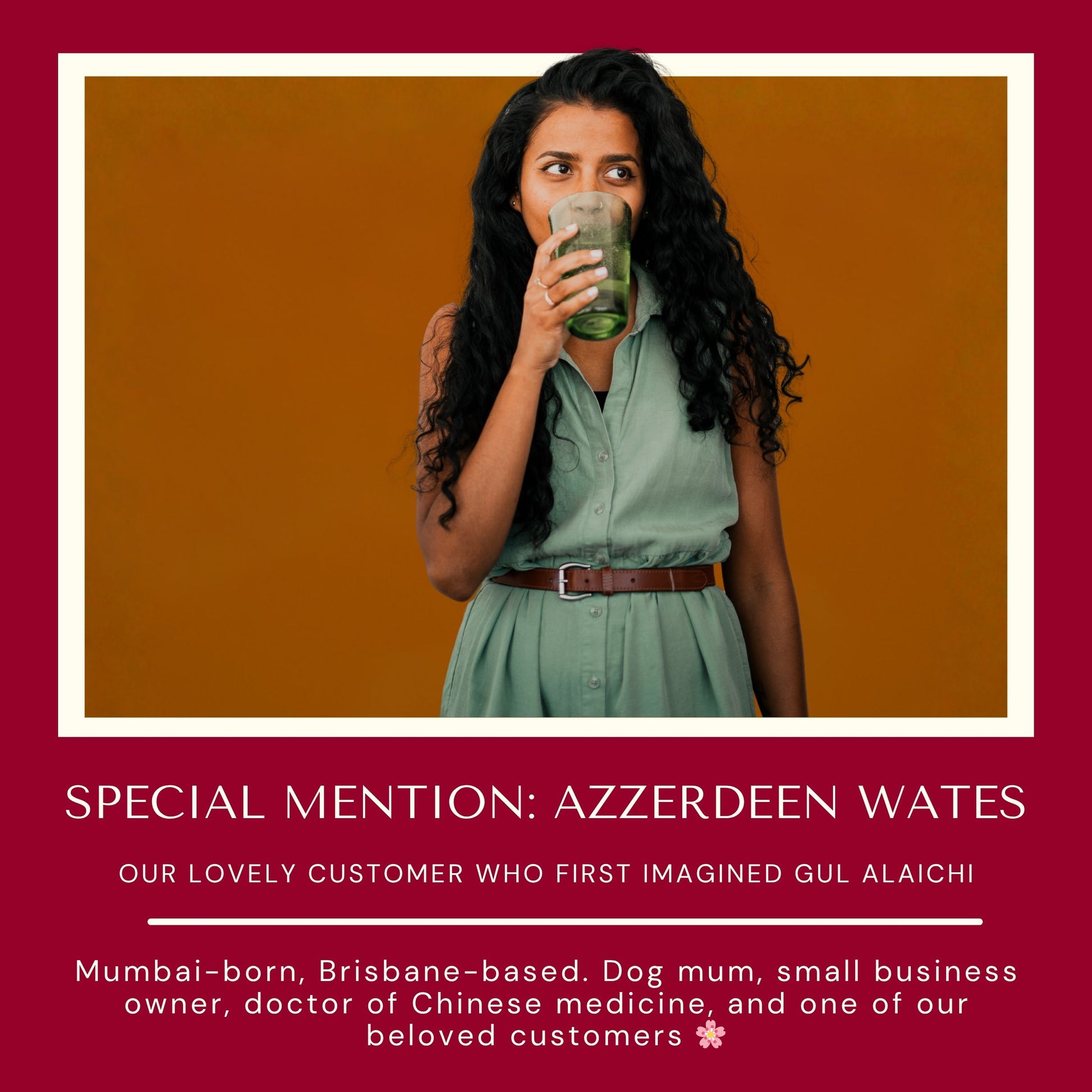 Woman drinking from a green mug against a brown background with text about Azzerdeen Wates.