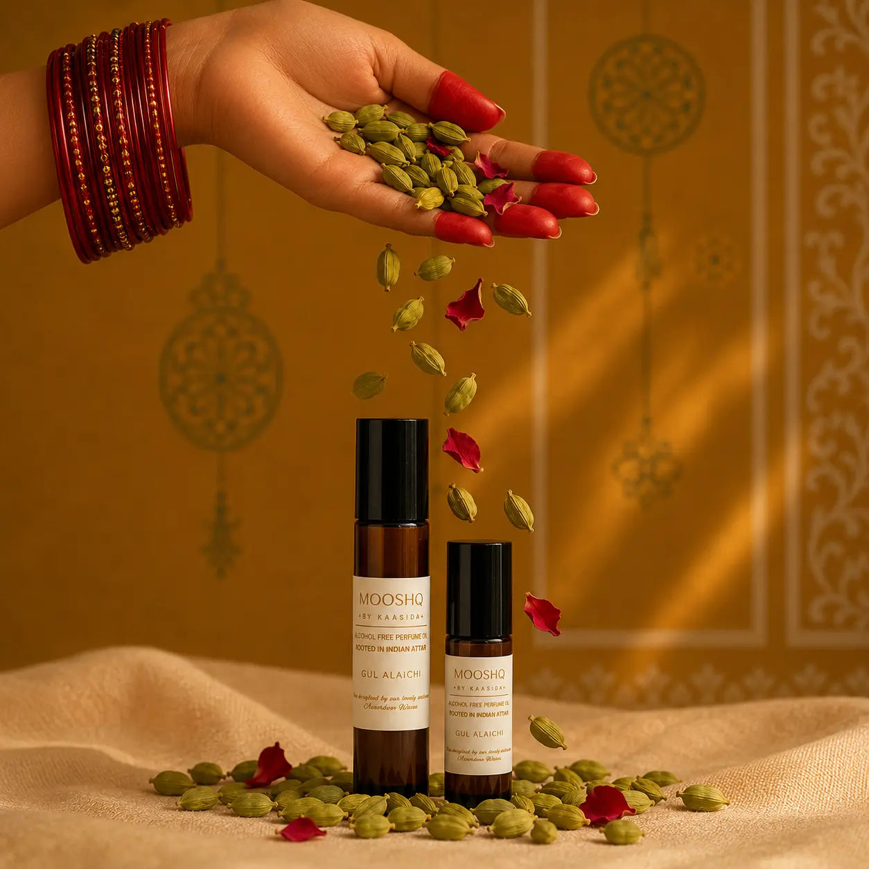 Hand holding cardamom pods with two Mooshq perfume oi bottles on a textured surface.