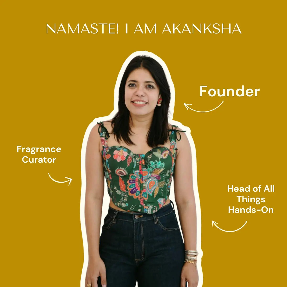 Woman with text indicating her roles as founder, fragrance curator, and head of all things hands-on on a yellow background.