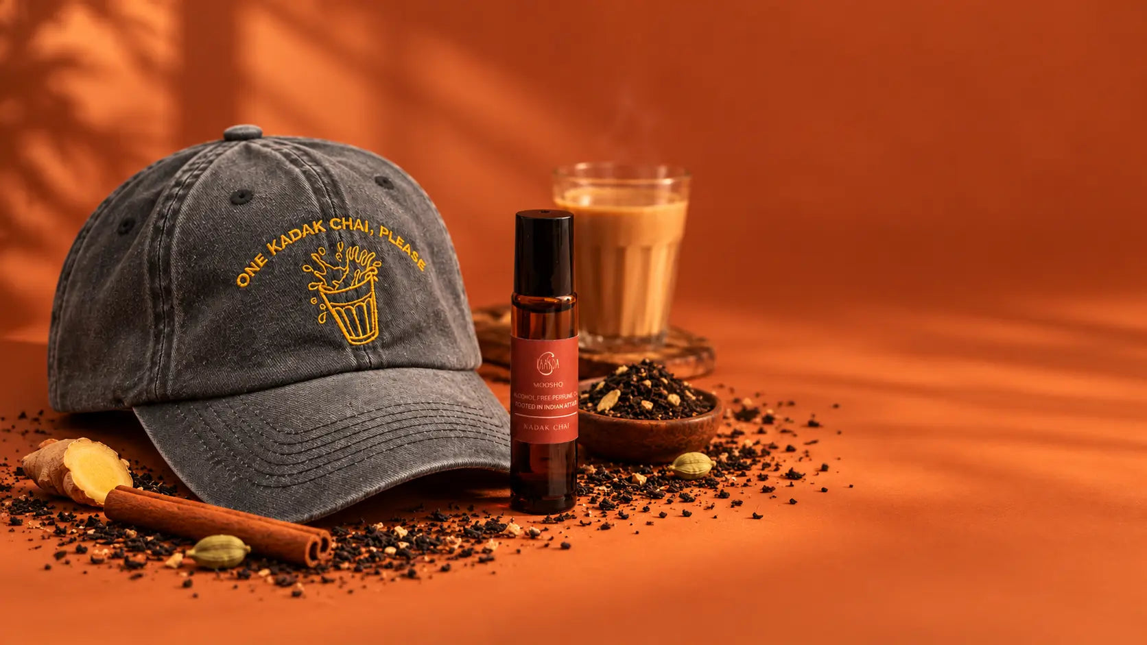 A denim hat with Chai Indian Attar perfume Oil