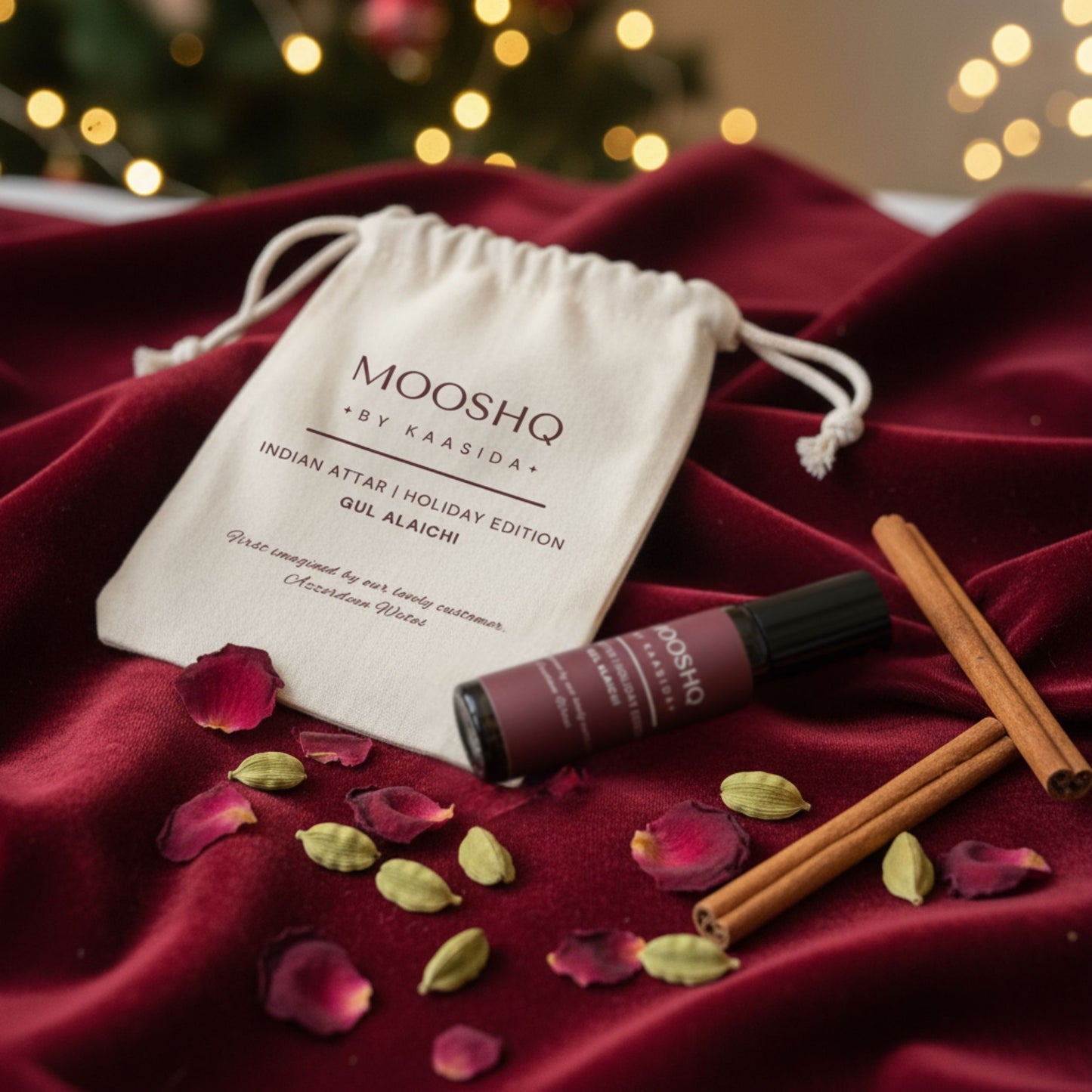 Mooshq by Kaasida Indian Attar Holiday Edition on a red fabric with cinnamon sticks and rose petals.