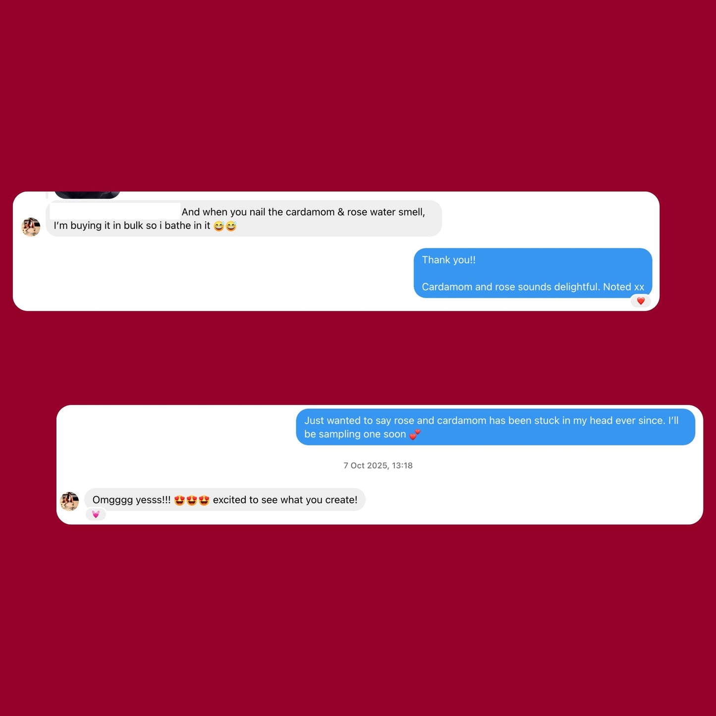 Text conversation on a red background with Kaasida and customer responses.