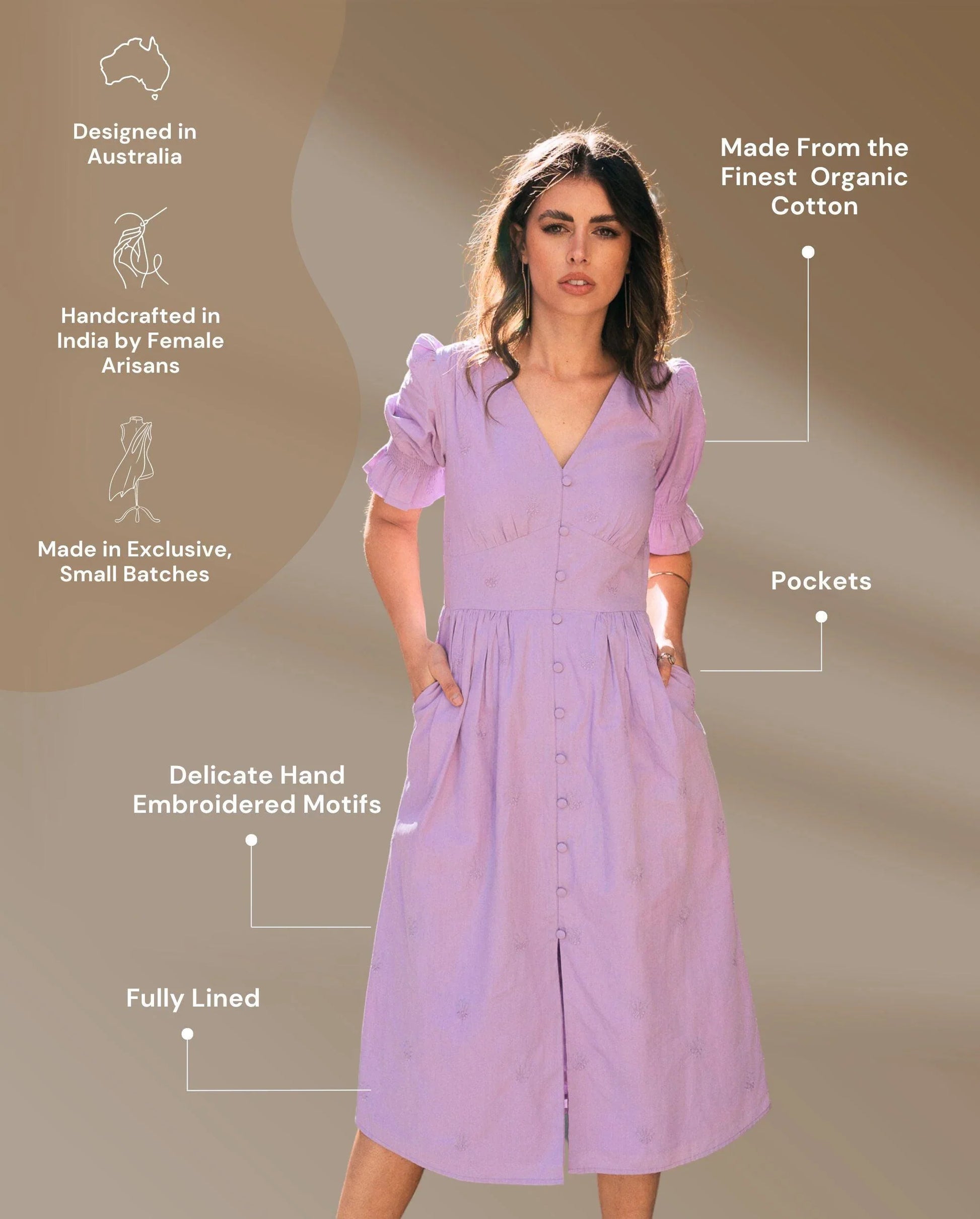 Aasia Lilac Midi Dress | Sustainable Indian Cotton Summer Dress Australia Kaasida Aasia Lilac Midi Dress | Sustainable Indian Cotton Summer Dress Australia Kaasida