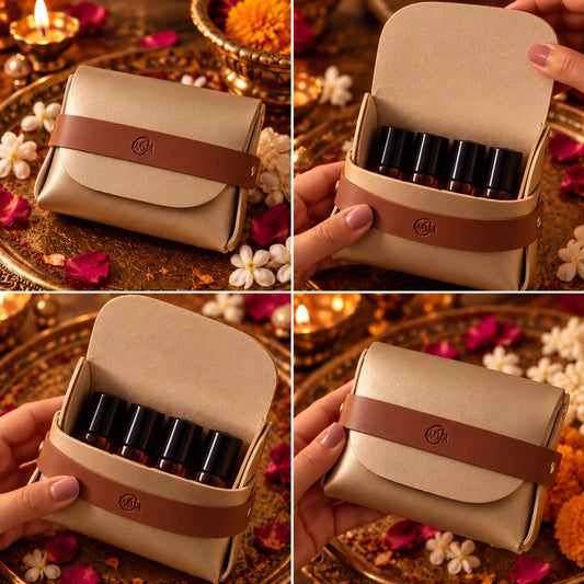 Gold pouch with brown strap that say Kaasida