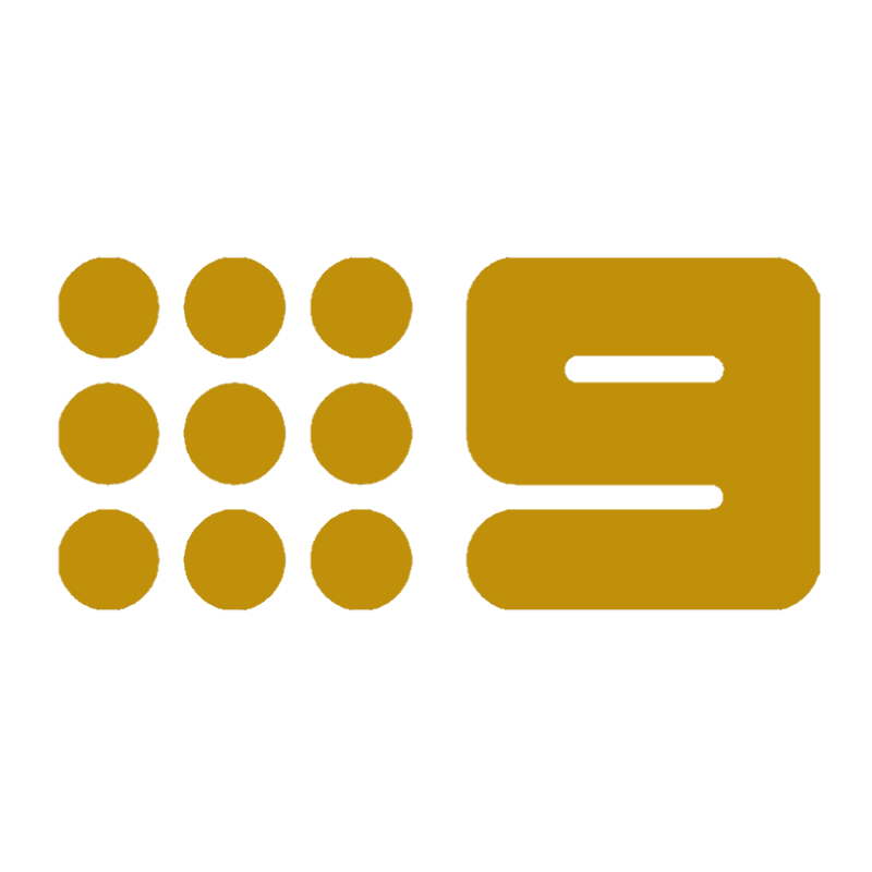 Gold logo of channel 9 and circular elements on a white background